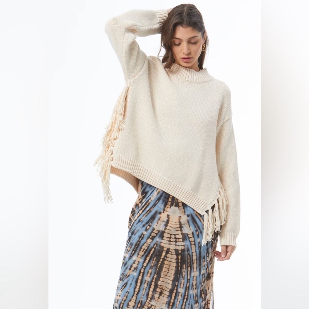 NWT YFB 💯 COTTON WOMEN’S LUXE SIDE FRINGE SWEATER CREAM TAN SIZE LARGE BOHEMIAN